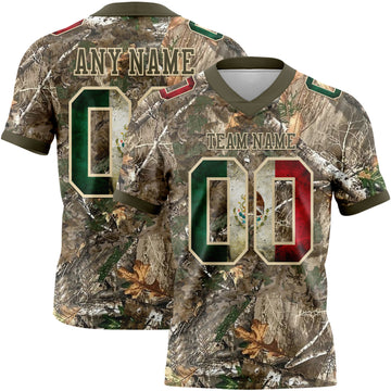 Custom Camo Vintage Mexican Flag Cream-Olive Authentic Woodland Camouflage Salute To Service 7V7 Flag Football Jersey