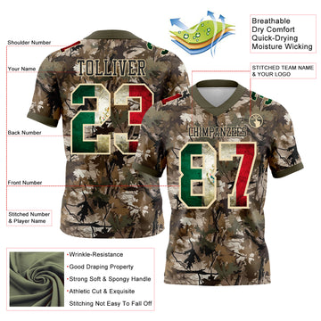 Custom Camo Vintage Mexican Flag Cream Black-Olive Authentic Woodland Camouflage Salute To Service 7V7 Flag Football Jersey