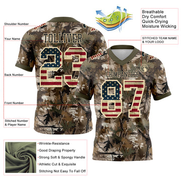 Custom Camo Vintage USA Flag Cream Black-Olive Authentic Woodland Camouflage Salute To Service 7V7 Flag Football Jersey