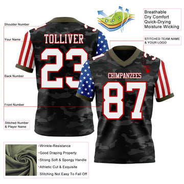 Custom Camo White Red-Olive Authentic American Flag Stars And Stripes Two Tone Salute To Service 7V7 Flag Football Jersey