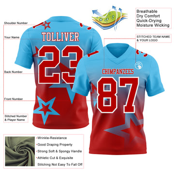 Custom Sky Blue Red-White Authentic Star Gradient 7V7 Flag Football Jersey