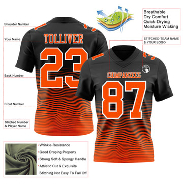 Custom Black Orange-White Authentic Fluid Wave Line Fade 7V7 Flag Football Jersey