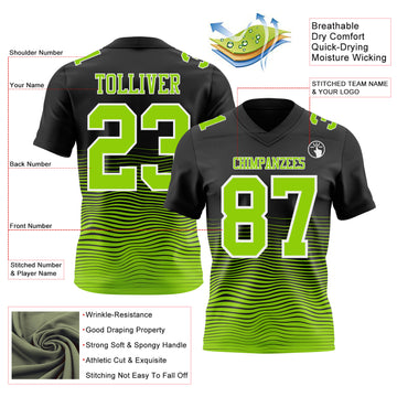 Custom Black Neon Green-White Authentic Fluid Wave Line Fade 7V7 Flag Football Jersey