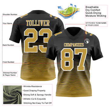 Custom Black Old Gold-White Authentic Fluid Wave Line Fade 7V7 Flag Football Jersey