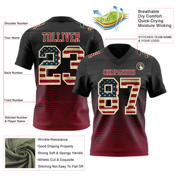 Custom Black Vintage USA Flag Crimson-Cream Authentic Fluid Wave Line Fade 7V7 Flag Football Jersey