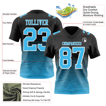 Custom Black Sky Blue-White Authentic Fluid Wave Line Fade 7V7 Flag Football Jersey
