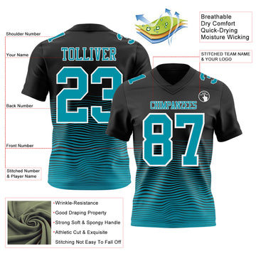 Custom Black Teal-White Authentic Fluid Wave Line Fade 7V7 Flag Football Jersey