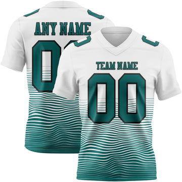Custom White Teal-Black Authentic Fluid Wave Line Fade 7V7 Flag Football Jersey
