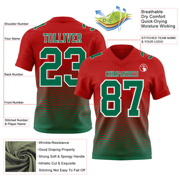 Custom Red Kelly Green-White Authentic Fluid Wave Line Fade 7V7 Flag Football Jersey