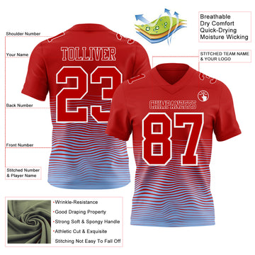 Custom Red Light Blue-White Authentic Fluid Wave Line Fade 7V7 Flag Football Jersey