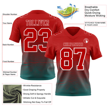 Custom Red Teal-White Authentic Fluid Wave Line Fade 7V7 Flag Football Jersey