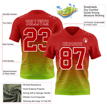 Custom Red Neon Green-White Authentic Fluid Wave Line Fade 7V7 Flag Football Jersey