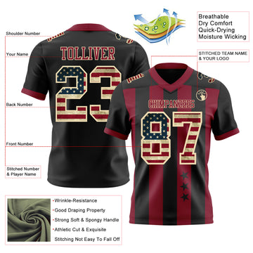 Custom Black Vintage USA Flag Crimson-Cream Authentic Stars And Stripes 7V7 Flag Football Jersey