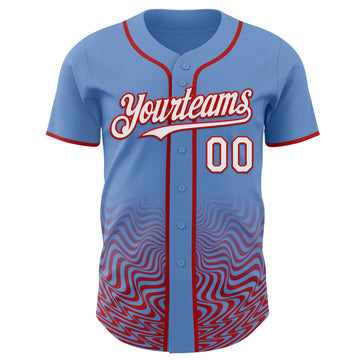Custom Powder Blue White-Red Fluid Wave Psychedelic Swirl Authentic Baseball Jersey