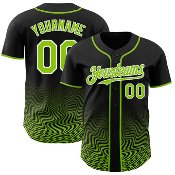 Custom Black Neon Green-White Fluid Wave Psychedelic Swirl Authentic Baseball Jersey