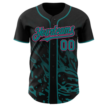 Custom Black Teal-Pink Fluid Liquid Wave Splatter Authentic Baseball Jersey
