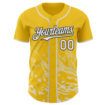 Custom Yellow White-Black Fluid Liquid Wave Splatter Authentic Baseball Jersey
