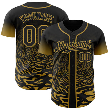 Custom Black-Old Gold Fluid Wave Splatter Gradient Authentic Baseball Jersey