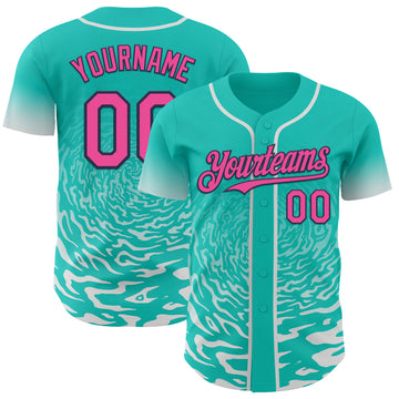 Custom Aqua Pink White-Navy Fluid Wave Splatter Gradient Authentic Baseball Jersey