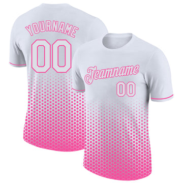 Custom White-Pink Geometric Hexagonal Dot Gradient Performance T-Shirt