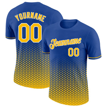 Custom Royal Gold-White Geometric Hexagonal Dot Gradient Performance T-Shirt