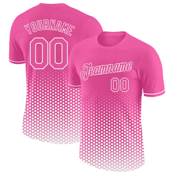 Custom Pink-White Geometric Hexagonal Dot Gradient Performance T-Shirt
