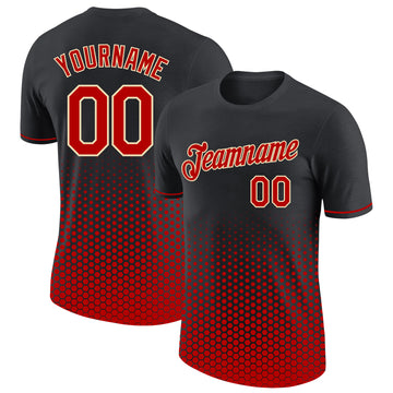 Custom Black Red-Cream Geometric Hexagonal Dot Gradient Performance T-Shirt