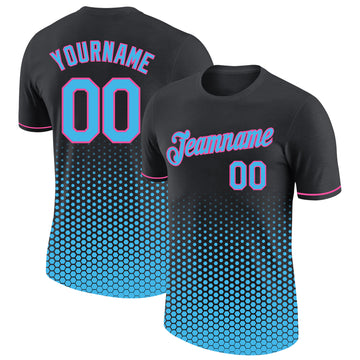 Custom Black Sky Blue-Pink Geometric Hexagonal Dot Gradient Performance T-Shirt