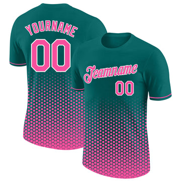 Custom Teal Pink-White Geometric Hexagonal Dot Gradient Performance T-Shirt