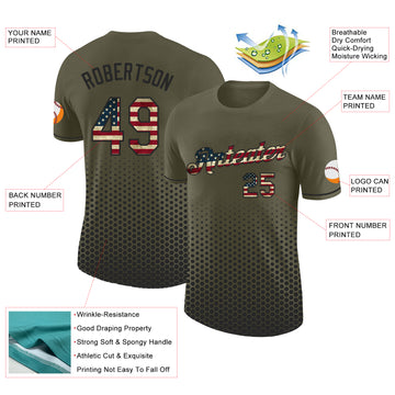 Custom Olive Vintage USA Flag-Black Geometric Hexagonal Dot Gradient Performance T-Shirt