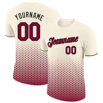 Custom Cream Maroon-Black Geometric Hexagonal Dot Gradient Performance T-Shirt