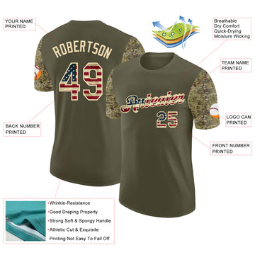 Custom Olive Vintage USA Flag-Cream Camo Two Tone Performance T-Shirt