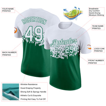 Custom White-Kelly Green Fade Geometric Splatter Fragmented Shards Performance T-Shirt