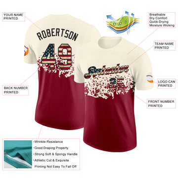 Custom Cream Vintage USA Flag Crimson-Black Fade Geometric Splatter Fragmented Shards Performance T-Shirt