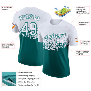 Custom White-Teal Fade Geometric Splatter Fragmented Shards Performance T-Shirt