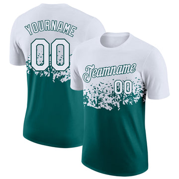 Custom White-Teal Fade Geometric Splatter Fragmented Shards Performance T-Shirt