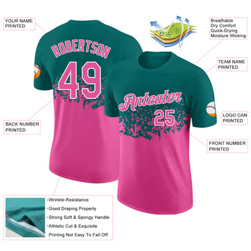 Custom Teal Pink-White Fade Geometric Splatter Fragmented Shards Performance T-Shirt