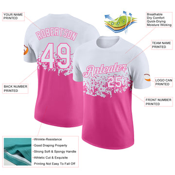 Custom White-Pink Fade Geometric Splatter Fragmented Shards Performance T-Shirt