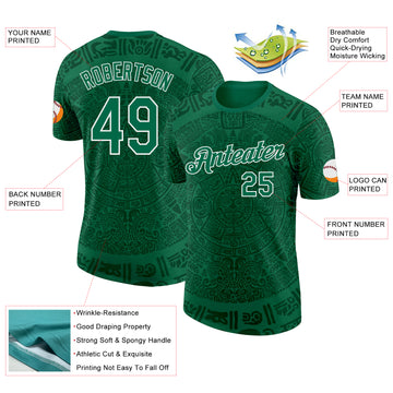 Custom Kelly Green-White Tribal Ethnic Aztec Sun Stone 3D Pattern Performance T-Shirt