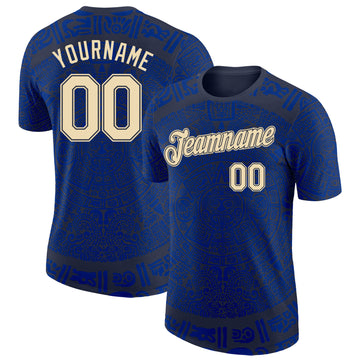 Custom Navy Cream-Royal Tribal Ethnic Aztec Sun Stone 3D Pattern Performance T-Shirt
