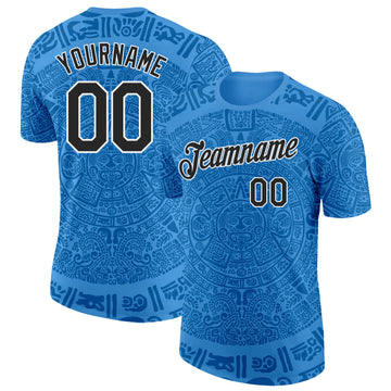 Custom Light Blue Black-White Tribal Ethnic Aztec Sun Stone 3D Pattern Performance T-Shirt