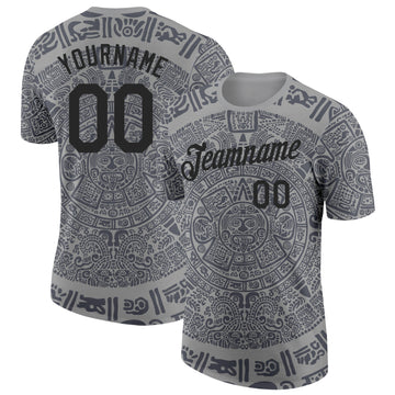 Custom Gray-Black Tribal Ethnic Aztec Sun Stone 3D Pattern Performance T-Shirt