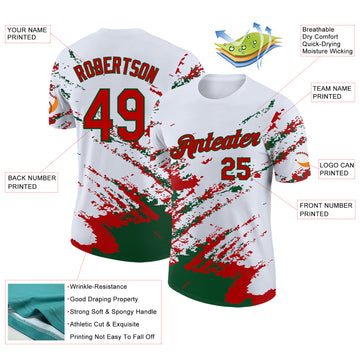 Custom White Red-Green Brush Stroke Shatter Splatter Performance T-Shirt