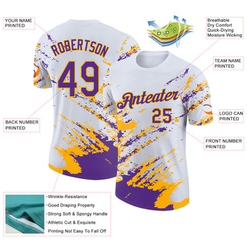 Custom White Purple-Gold Brush Stroke Shatter Splatter Performance T-Shirt
