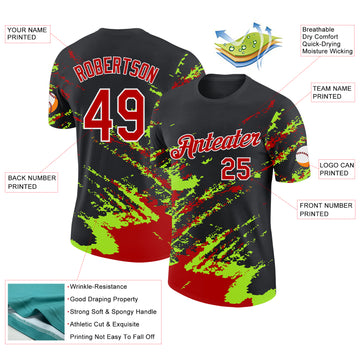 Custom Black Red Neon Green-White Brush Stroke Shatter Splatter Performance T-Shirt