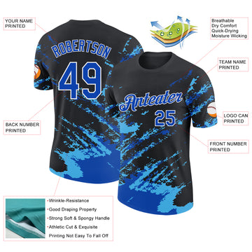 Custom Black Thunder Blue Sky Blue-White Brush Stroke Shatter Splatter Performance T-Shirt