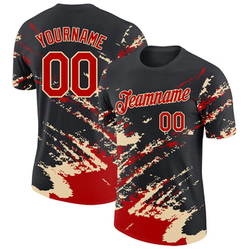 Custom Black Red-Cream Brush Stroke Shatter Splatter Performance T-Shirt