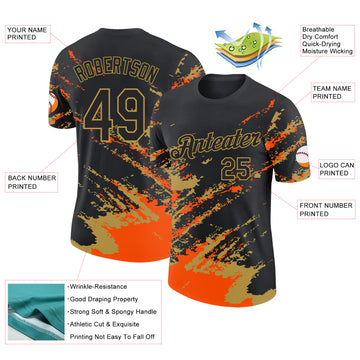 Custom Black Orange-Old Gold Brush Stroke Shatter Splatter Performance T-Shirt