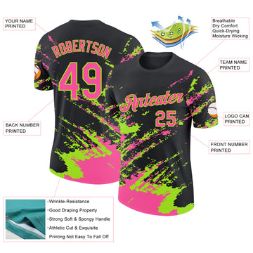 Custom Black Pink-Neon Green Brush Stroke Shatter Splatter Performance T-Shirt