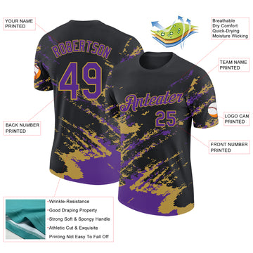 Custom Black Purple-Old Gold Brush Stroke Shatter Splatter Performance T-Shirt